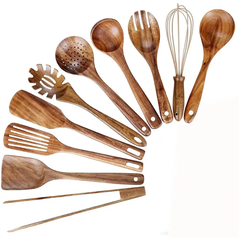 LMETJMA 10 Pack Natural Teak Wooden Kitchen Utensil Set Wooden Spoons Spatula Cooking Utensil Set For Cooking Baking JT503 from PriceLows™