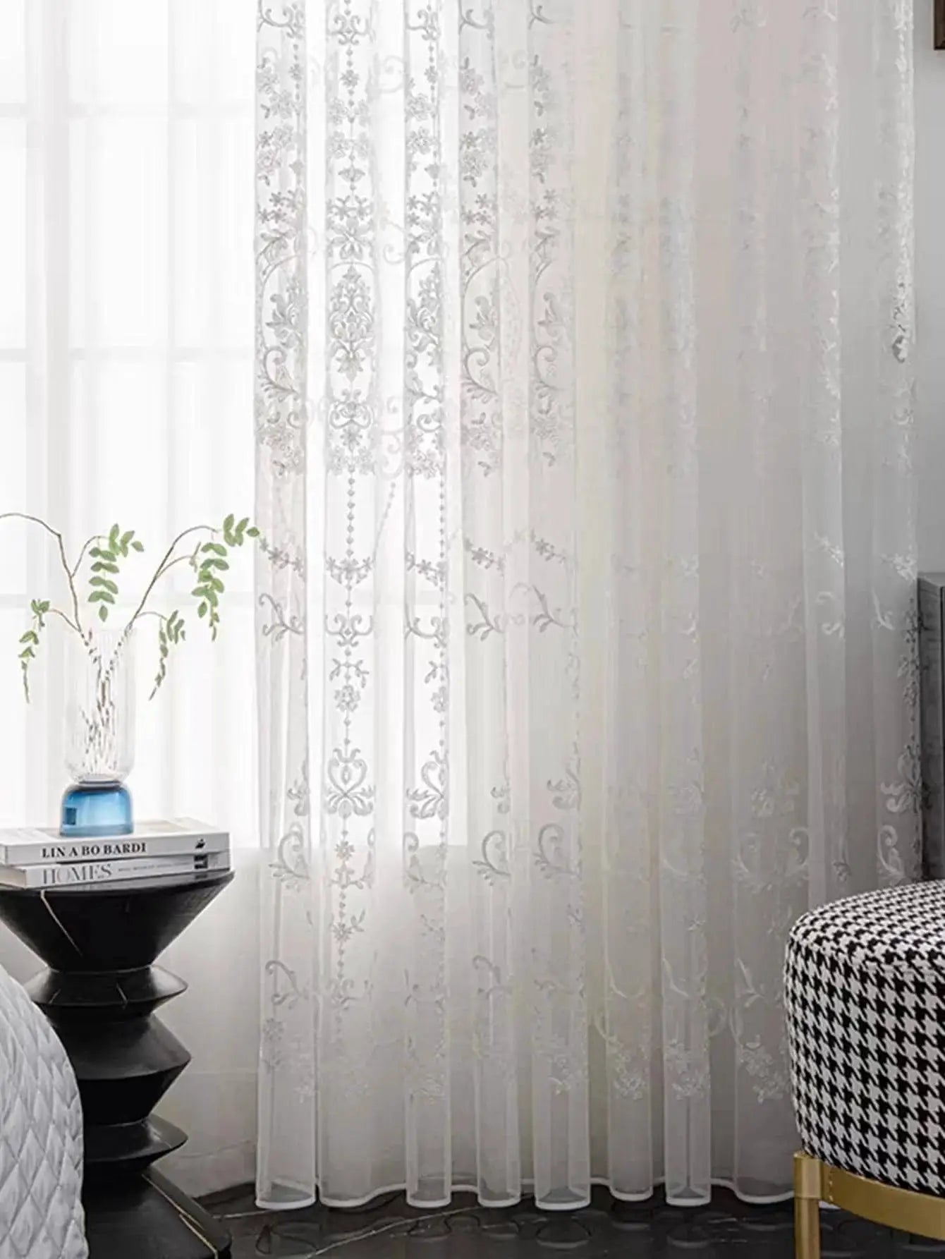 Sheer Curtains White Embroidered Floral Voile Drapes for Living room, Bedroom from PriceLows™