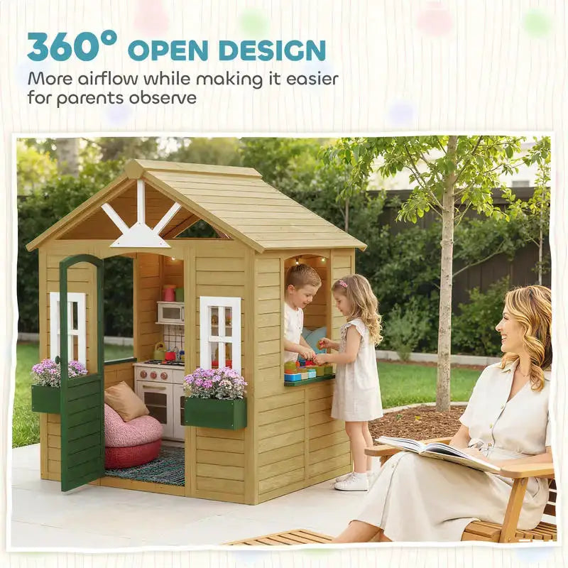Qaba Outdoor Playhouse, Wooden Kids Playhouse with Door, 3 Windows, 2 Flower Boxes for Garden, Indoor Playroom, Ages 3–8 from PriceLows™