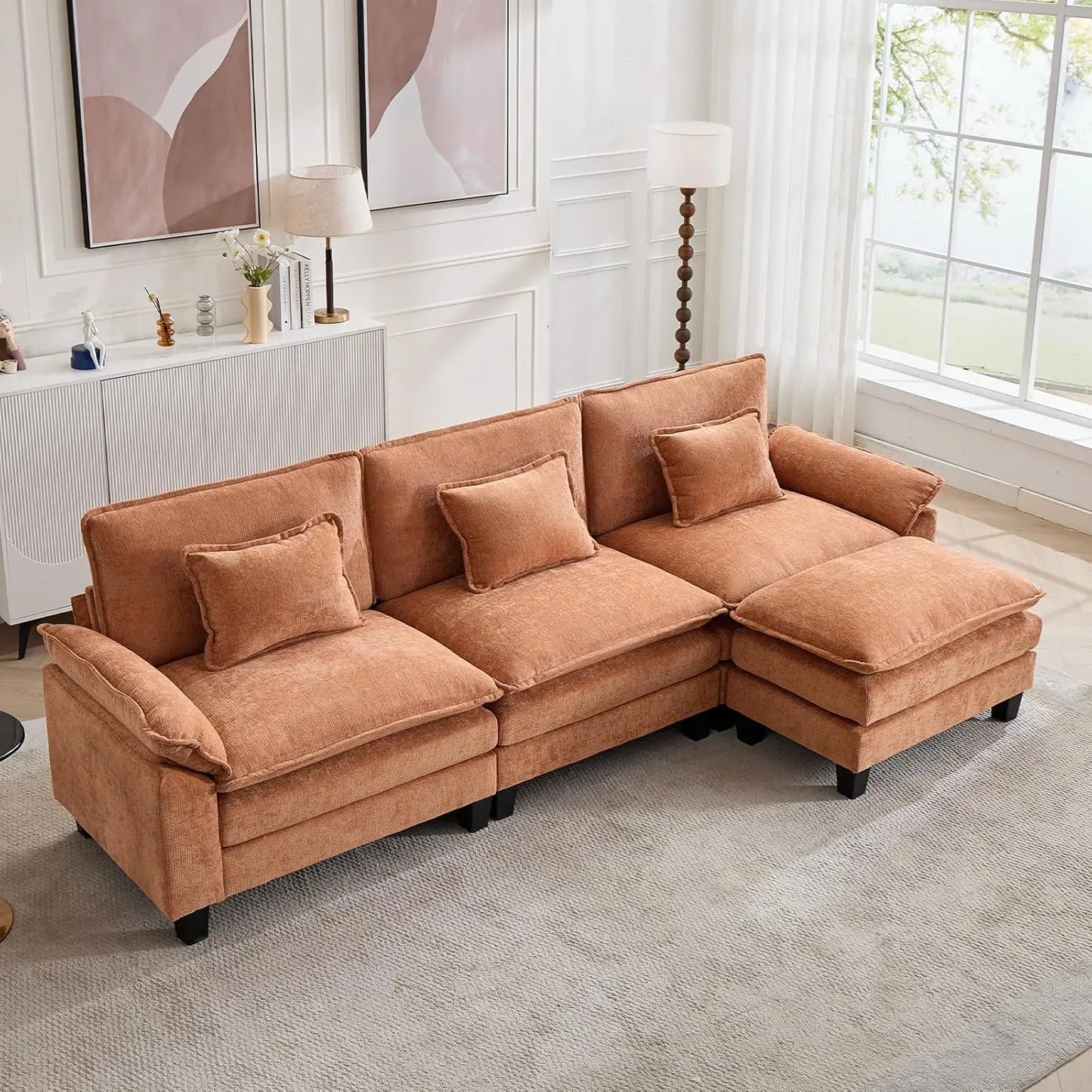 Sectional Sofa | L-Shaped With Ottoman | Chenille Fabric | Seating For Four