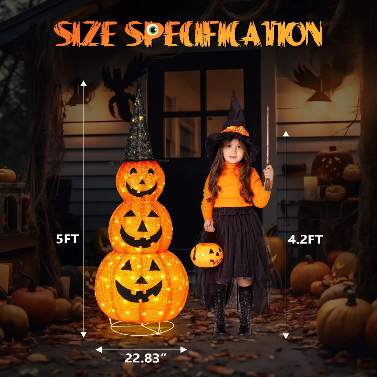 Halloween Pumpkin Decor | 5 Ft Height | 100 LED Lights | Foldable Witch Hat