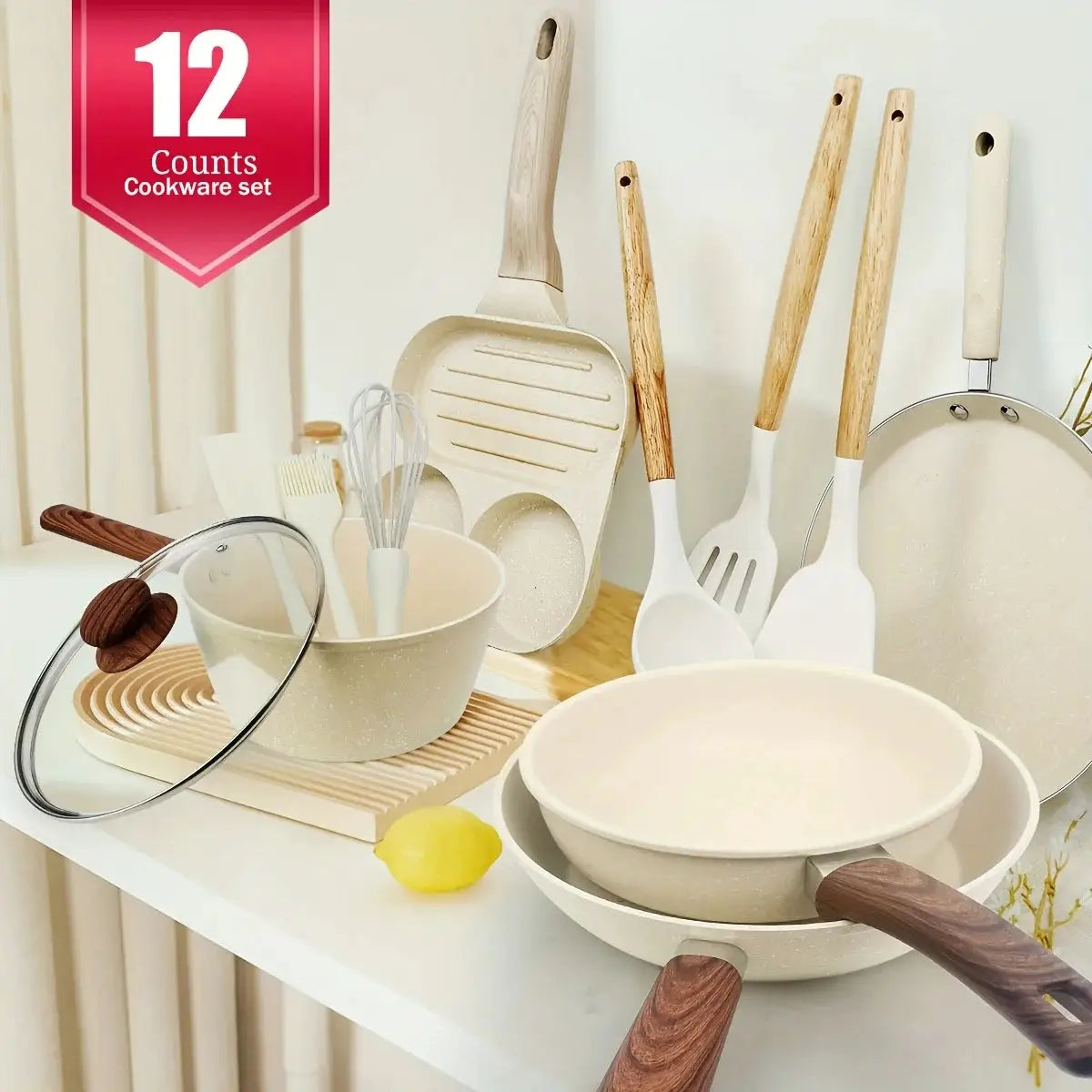12/15pcs Nonstick Pans Pots Set, Cookware Set with Frying Pan, Saucepan, Cooking Utensils, for Kitchen Home Cannteen Dining Room Use, Gift for Wedding Housewarming, Christmas Gift Box, White from PriceLows™