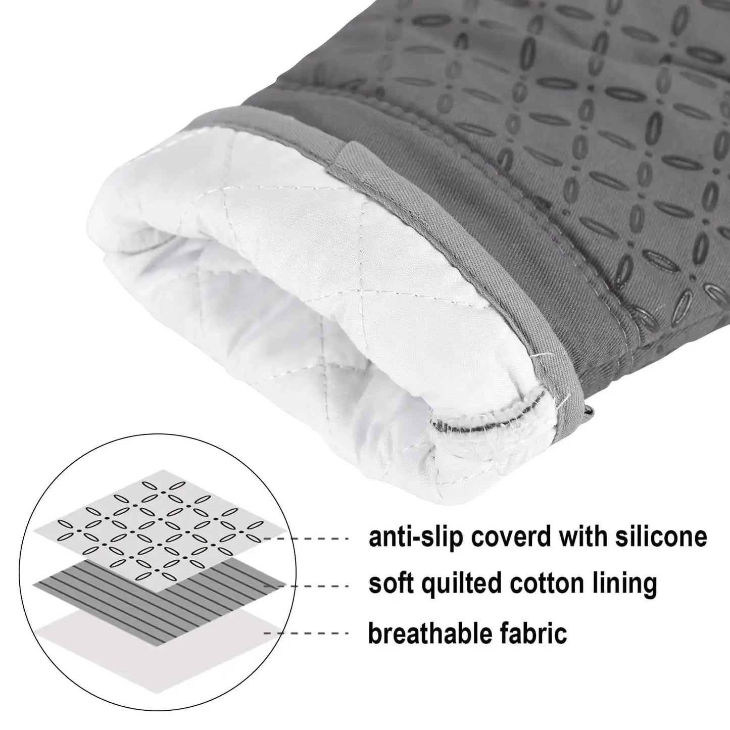Oven Mitts | High Heat 500F | Non Slip Silicone | 7x13in Gray (2 Pcs)