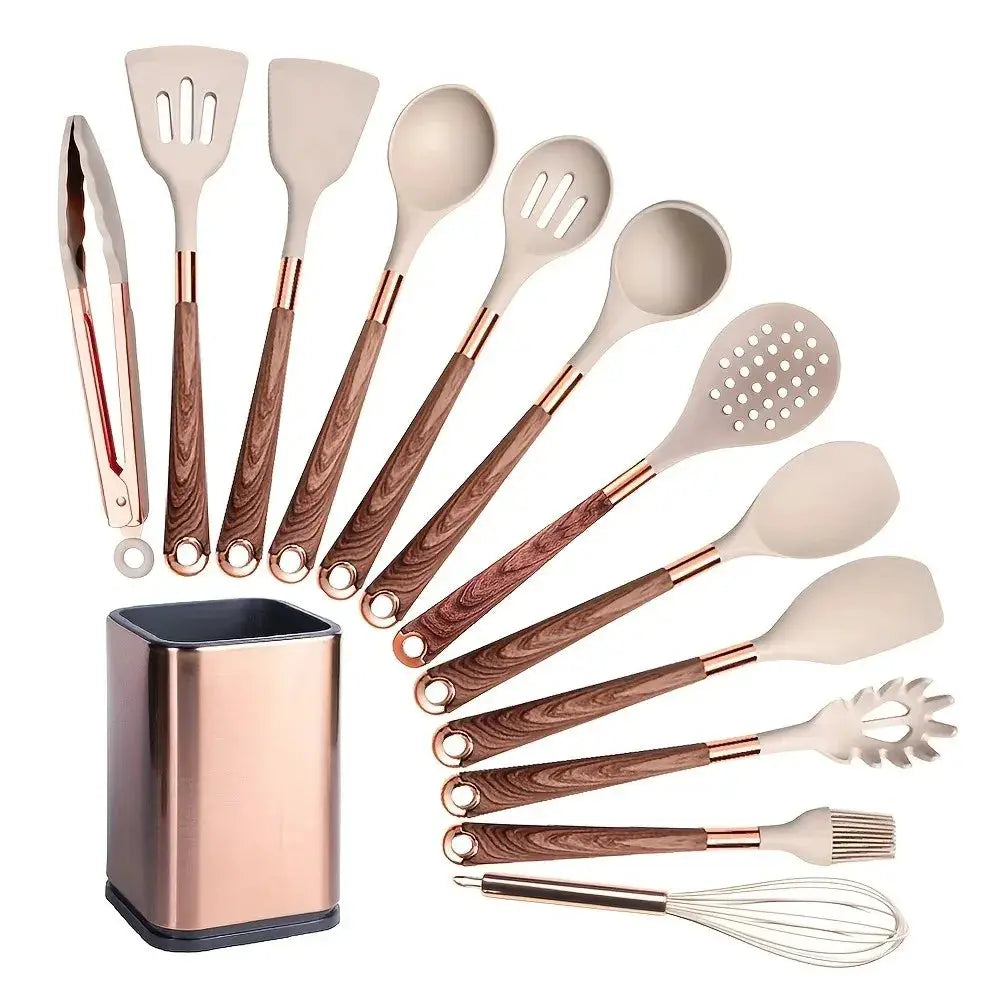 5-13pc Non-Stick Kitchen Silicone Utensil Set - Upgrade Your Kitchen with Gold-Plated Handles Cooking Tools Spatula Spoon Kit from PriceLows™