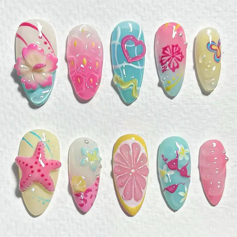 Almond Press On Nails | Acrylic Finish | Pearl Flower Design | 24 Piece Set