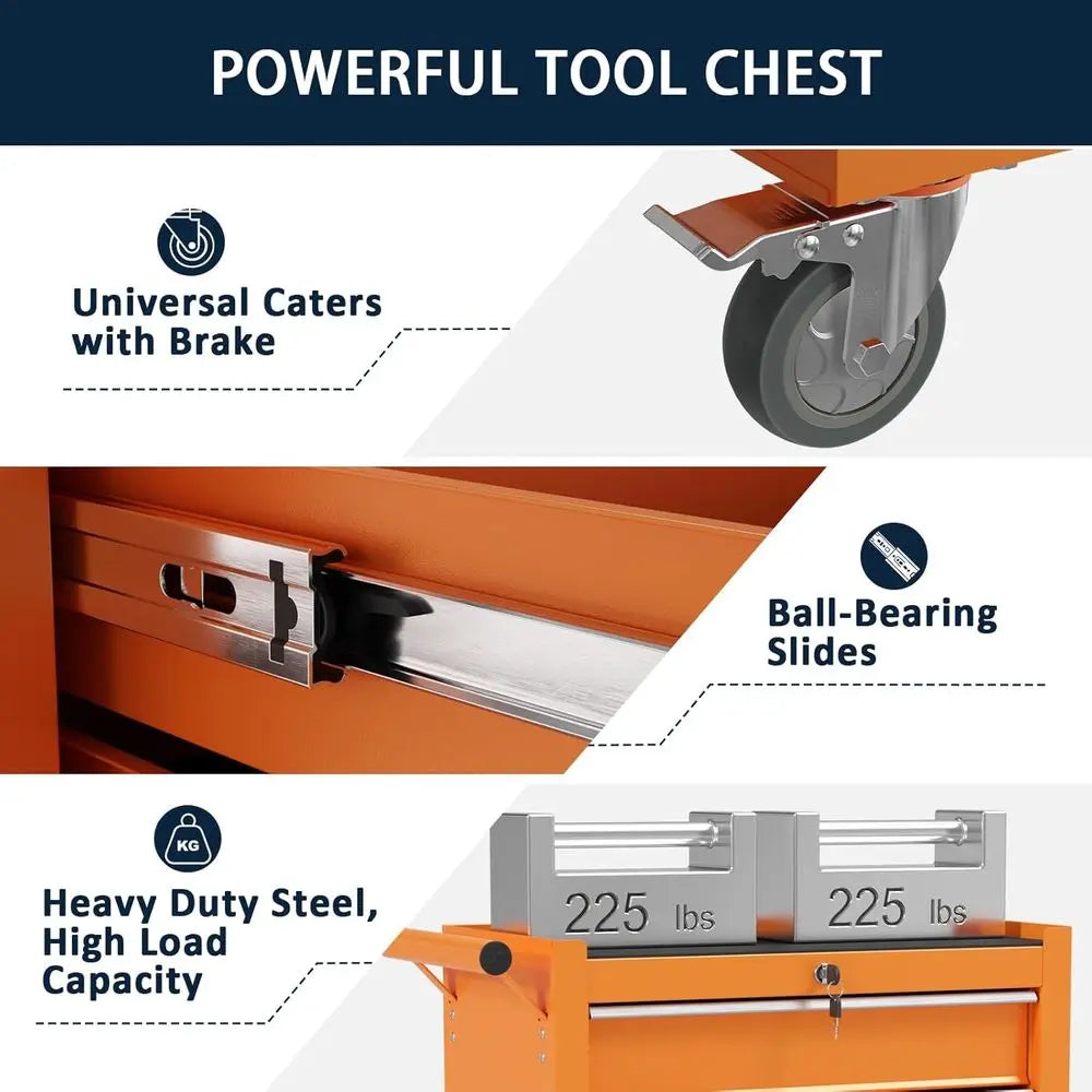 Orange 5-Drawer Metal Rolling Tool Chest with Lockable Cabinet and Wheels for Garage, Workshop, and Repair Shop Storage from PriceLows™