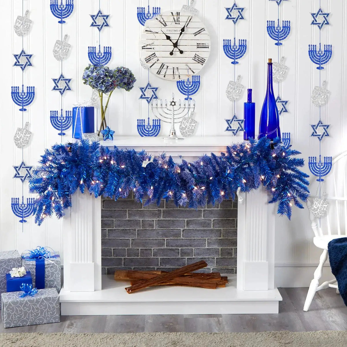 Hanukkah Decoration Garland | Blue Glitter String | Paper Holiday Decor