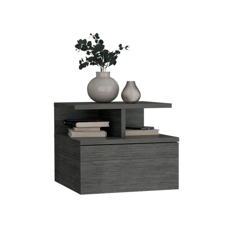 Floating Nightstand 12"H, Wall Mounted with Single Drawer and 2-Tier Shelf, Smokey Oak from PriceLows™