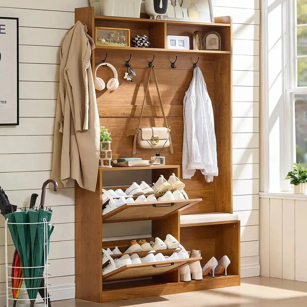 78 Tall Boho Hall Tree with Bench amp Shoe Storage, 4in1 Mudroom Coat Rack with 2 Flip Rattan Drawers amp Cushioned Stool, Entr from PriceLows™