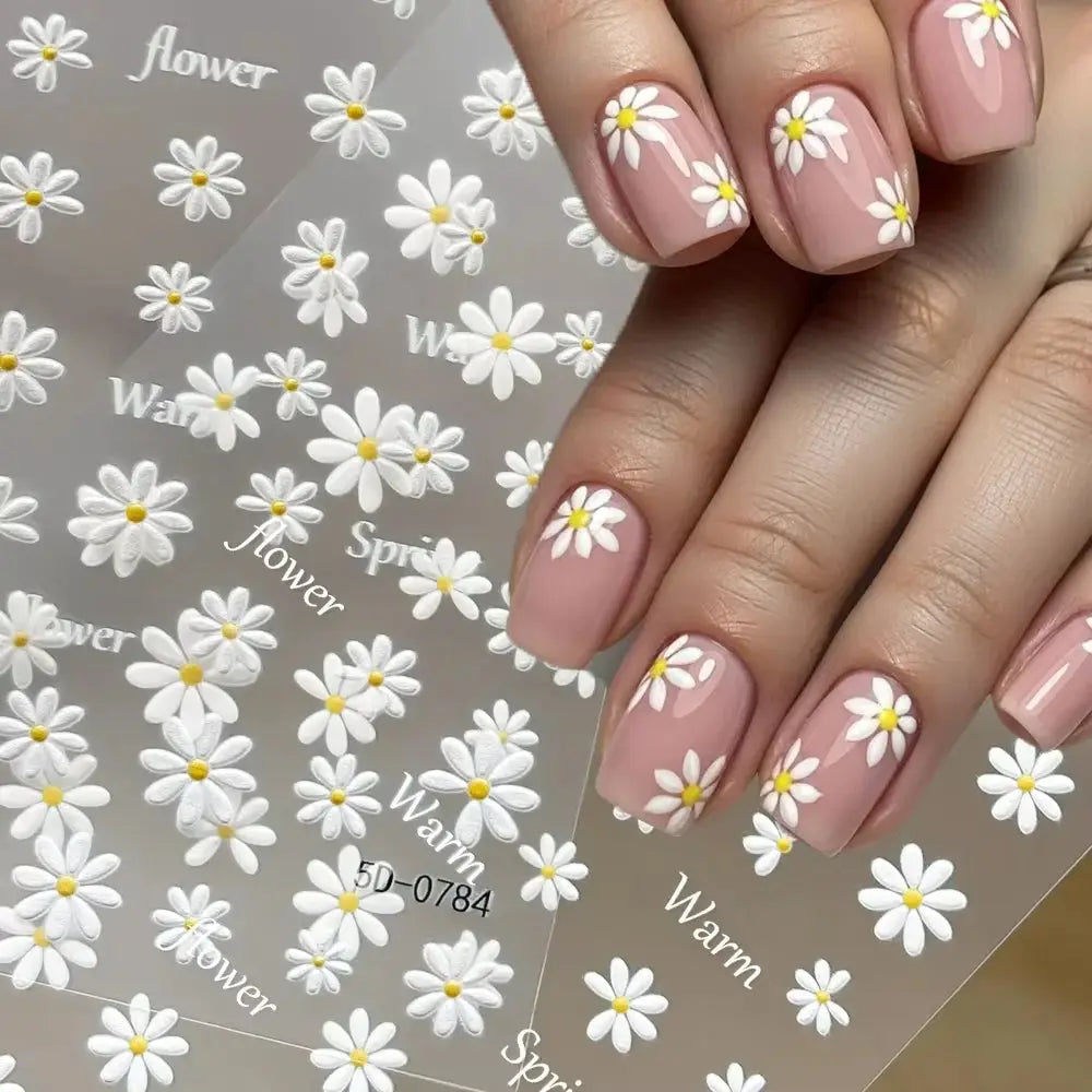2pcs 5D White Daisy Design Nail Art Stickers Embossed Daisy Floret Green Leaf Nail Art Decals DIY Spring Summer Decor Stickers from PriceLows™