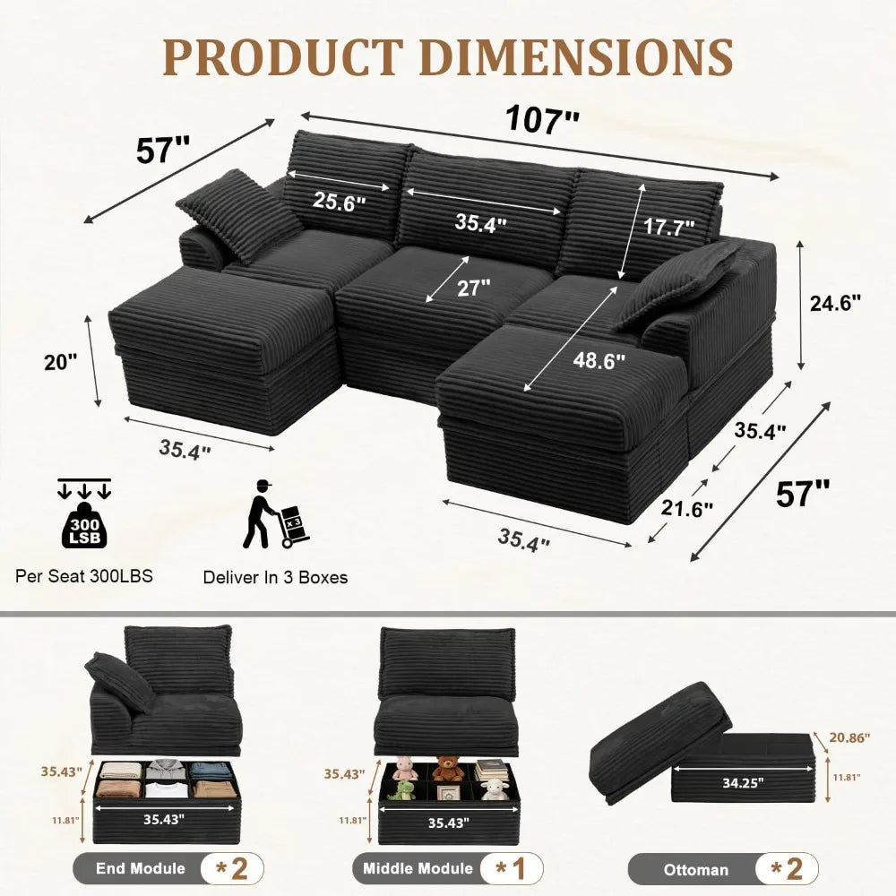 U Shaped Sectional Sofa | Depth 27in | Height 20.5in | 3 Seater Storage Ottoman