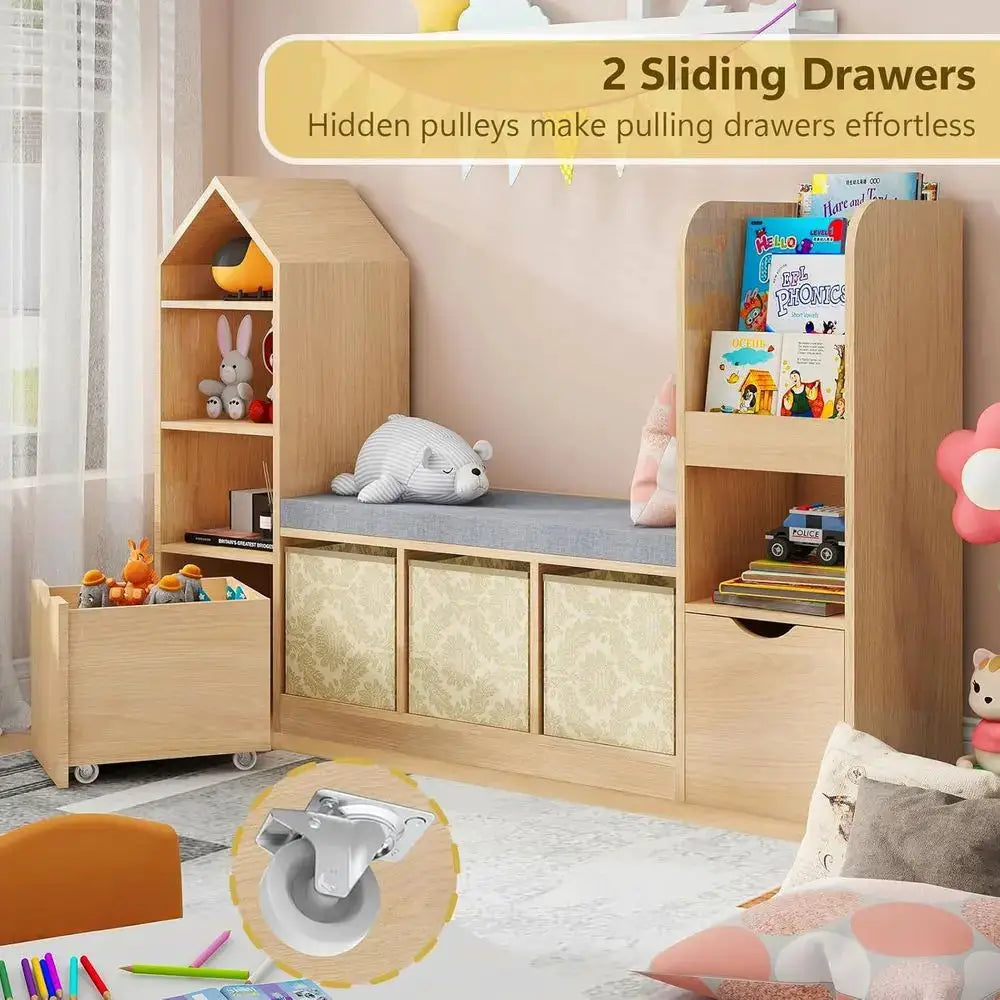 Children's Oak Bookcase with Reading Nook, 7 Storage Shelves & 2 Movable Desks, Storage for Cushions or Toys from PriceLows™