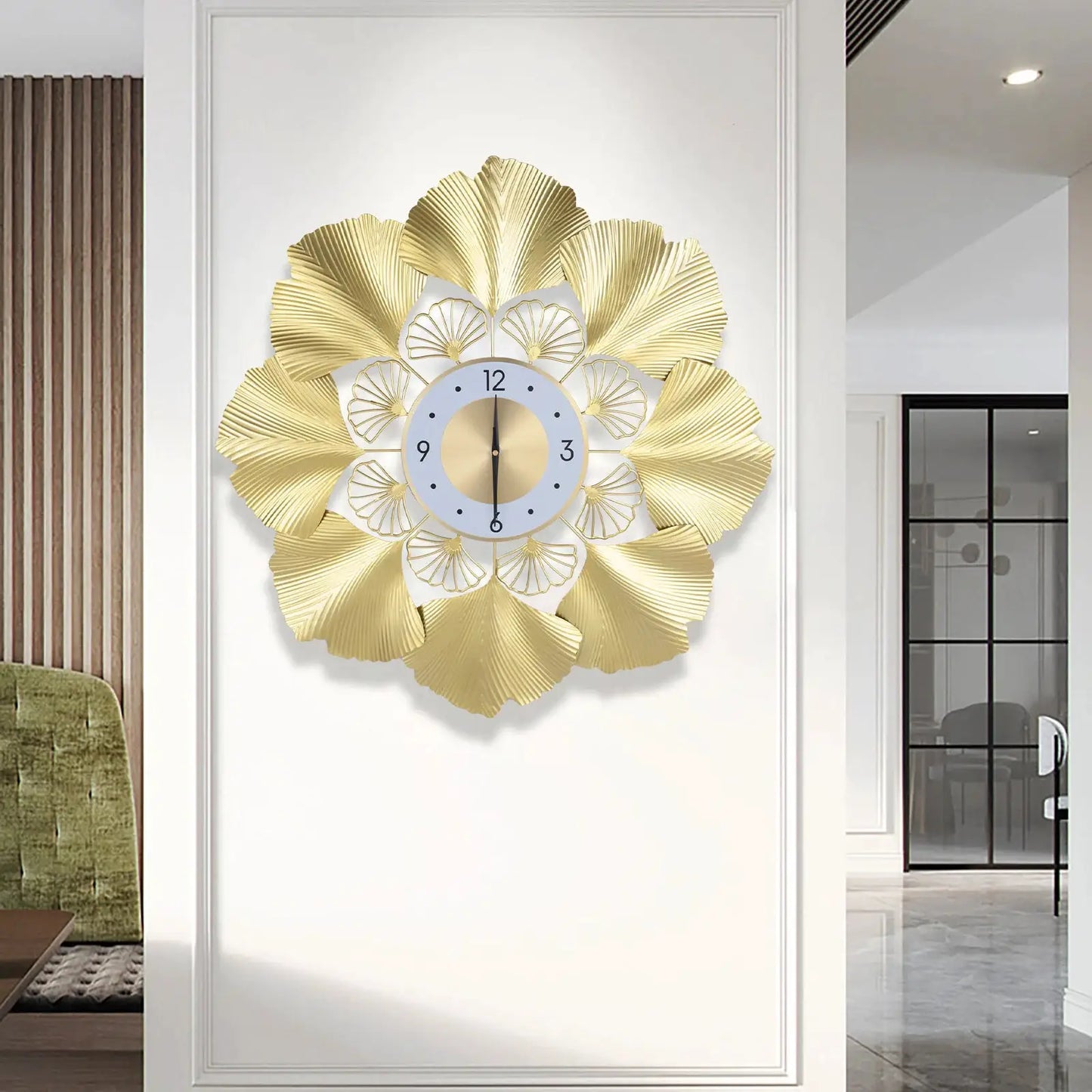 Ginkgo Biloba Wall Clock 70cm Large Nordic Light Luxury Design, White Gold Iron Silent Non-Ticking Battery Operated Living Room from PriceLows™