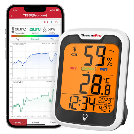 ThermoPro TP358 Backlight Bluetooth-contected APP Digit Weather Station Indoor Thermometer Hygrometer For Home With Clock & Day from PriceLows™