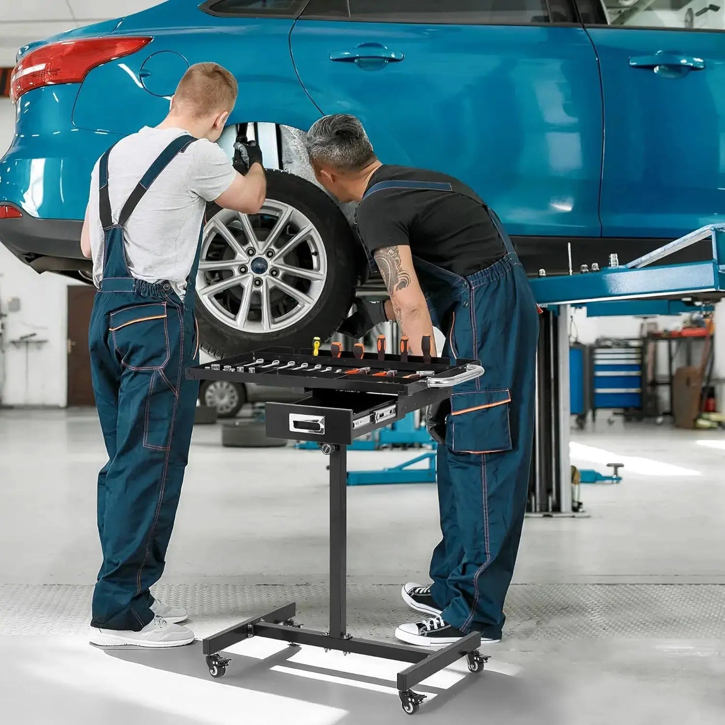 Mobile Work Table with Adjustable Height – 300Lbs Capacity Mechanic Rolling Tool Cart with Brakes for Garage Car Repair Shop from PriceLows™