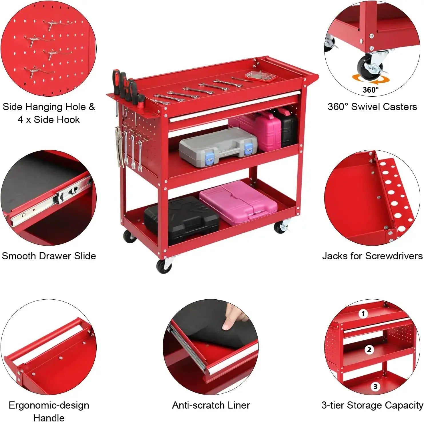 Winado 3 Tier Rolling Tool Cart with Drawers, Heavy Duty Utility Cart on Wheels, Rolling Tool Box for Garage, Warehouse, Factory from PriceLows™