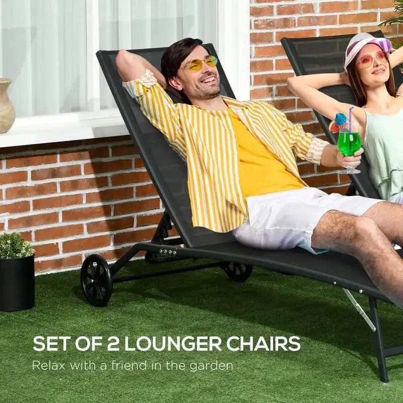 Chaise Lounge Outdoor, 2 Piece Lounge Chair with Wheels, Tanning Chair with 5 Adjustable Positions for Patio, Beach, Yard, Pool, Black from PriceLows™