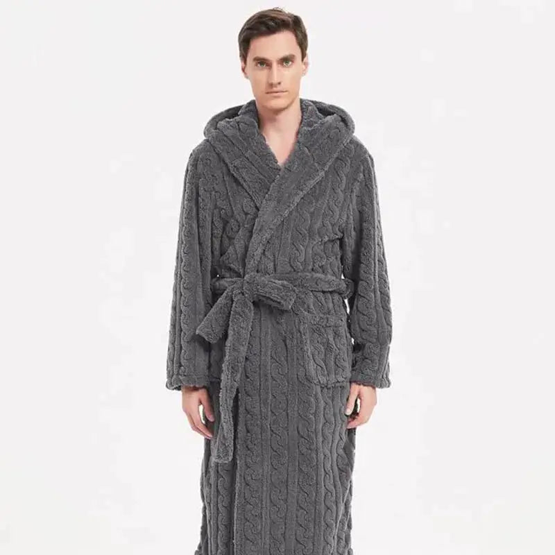 Men's Hooded Robe | Polyester | Thickened | Solid Color
