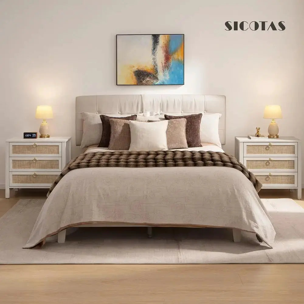 Pair of Large Boho-Style Rattan Nightstands for Bedroom from PriceLows™