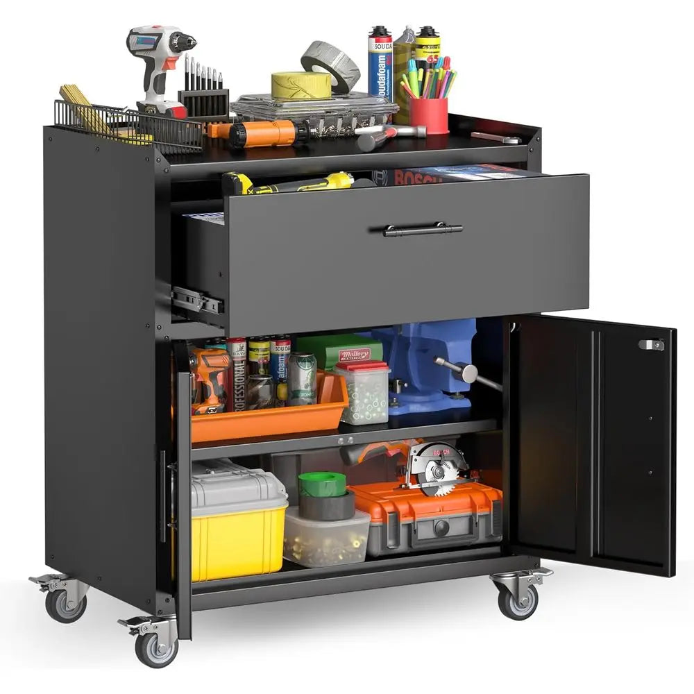 Metal Storage Cabinet with Wheels, 1 Drawer 2 Locking Doors Rolling Tool Chest for Garage, Office, Storeroom, Basement, Black from PriceLows™