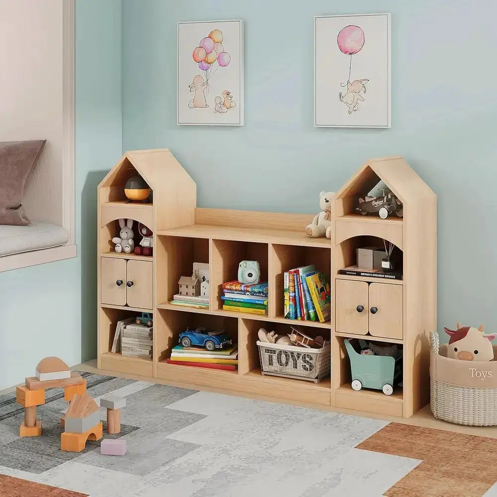Children's Castle-Shaped Bookcase and Toy Organizer, Oak Finish, Multipurpose Storage for Playroom from PriceLows™