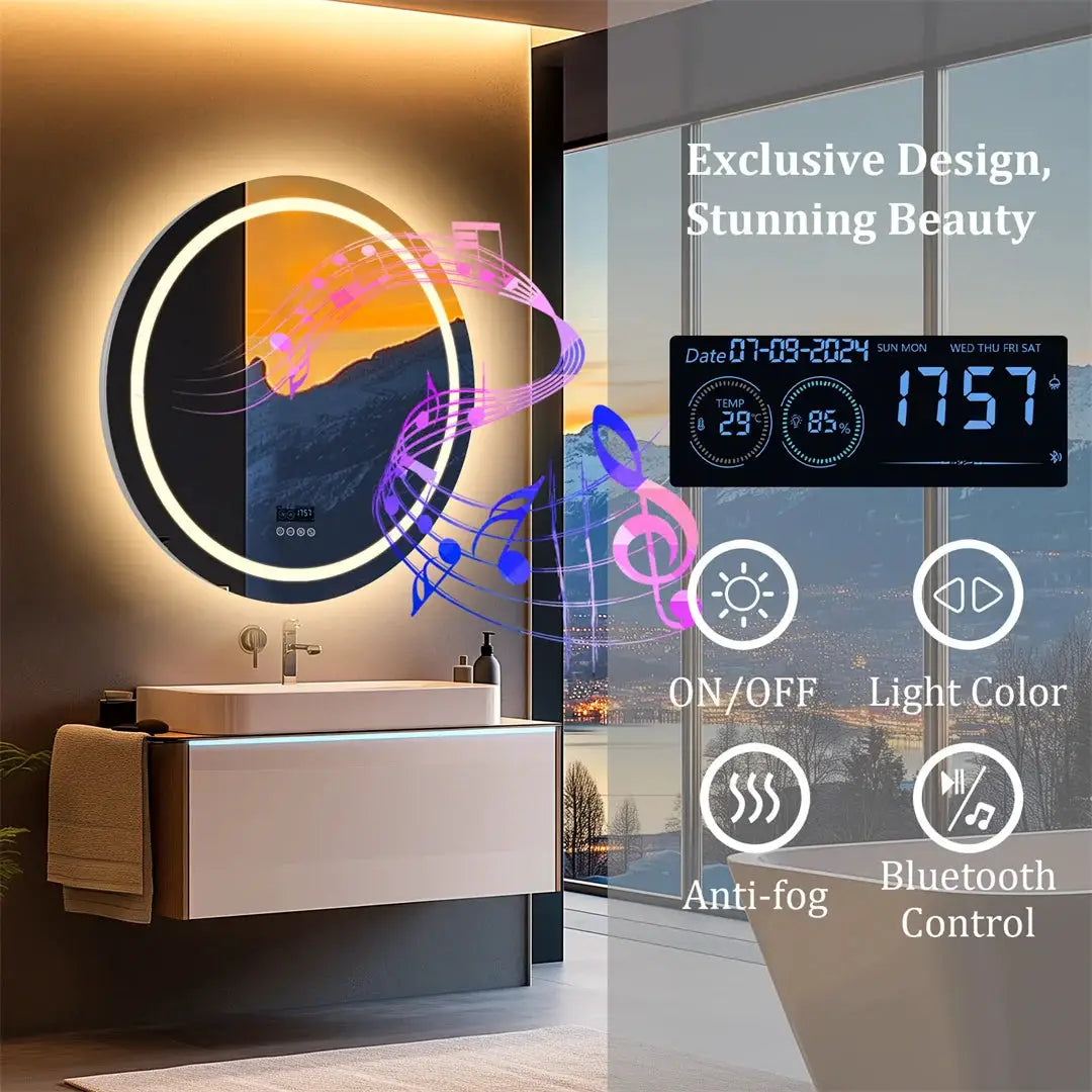 LUVODI Round Bathroom Mirror with Dual Bluetooth Speakers Anti-Fog Lighted Shower Vanity Mirror with Time Weather Display from PriceLows™