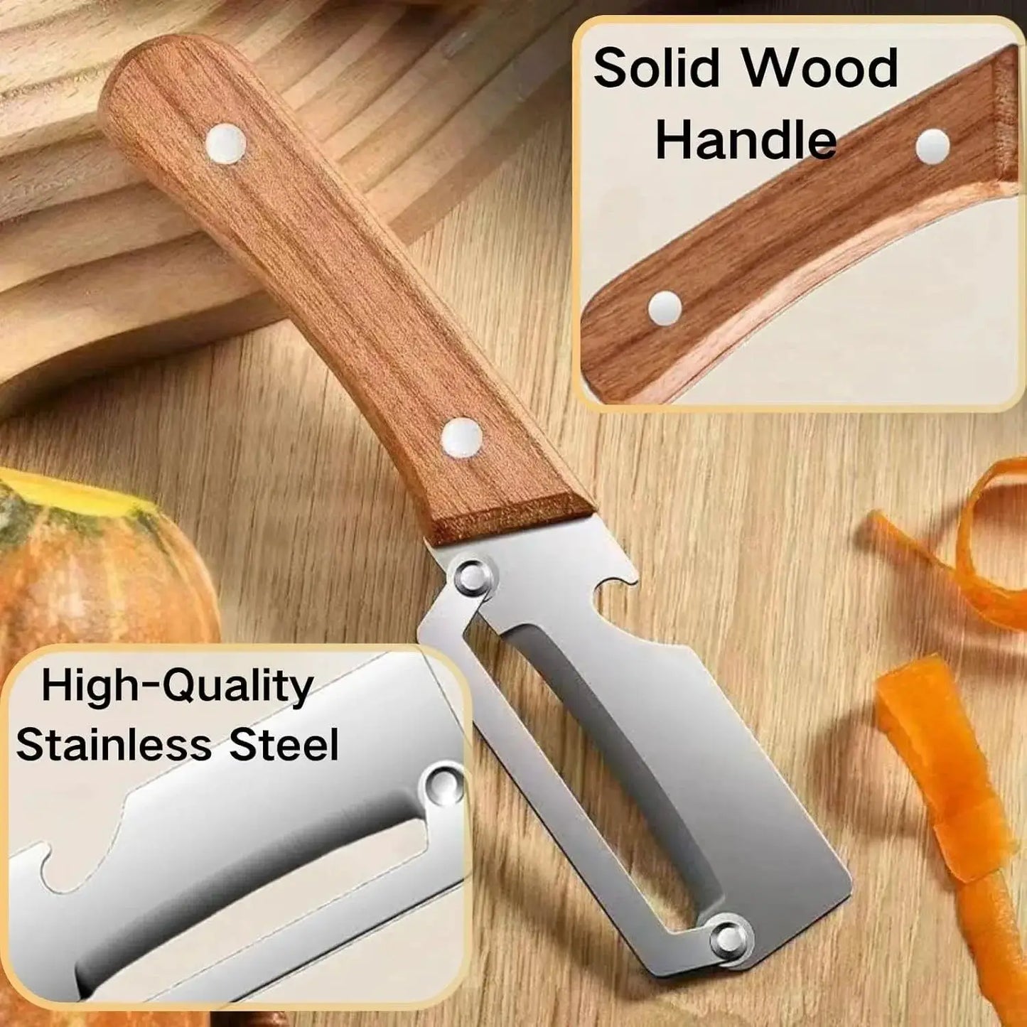 2 PCS Multi-Functional Kitchen Peeler, Vegetable Peeler, Wooden Kitchen Tool, Premium Wooden Handle - Stainless Steel Single Blade & Built-In Bottle Opener, Suitable for Peelable Vegetables & Fruits from PriceLows™