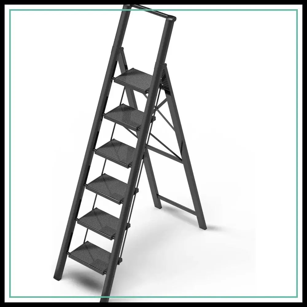 6 Step Ladder for 12 Ft High Ceilings, Lightweight Aluminum Folding Step Stool with Handgrip, Anti-Slip Wide Pedal, Space Saving for Home from PriceLows™