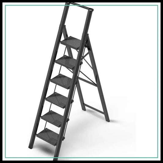 6 Step Ladder for 12 Ft High Ceilings, Lightweight Aluminum Folding Step Stool with Handgrip, Anti-Slip Wide Pedal, Space Saving for Home from PriceLows™