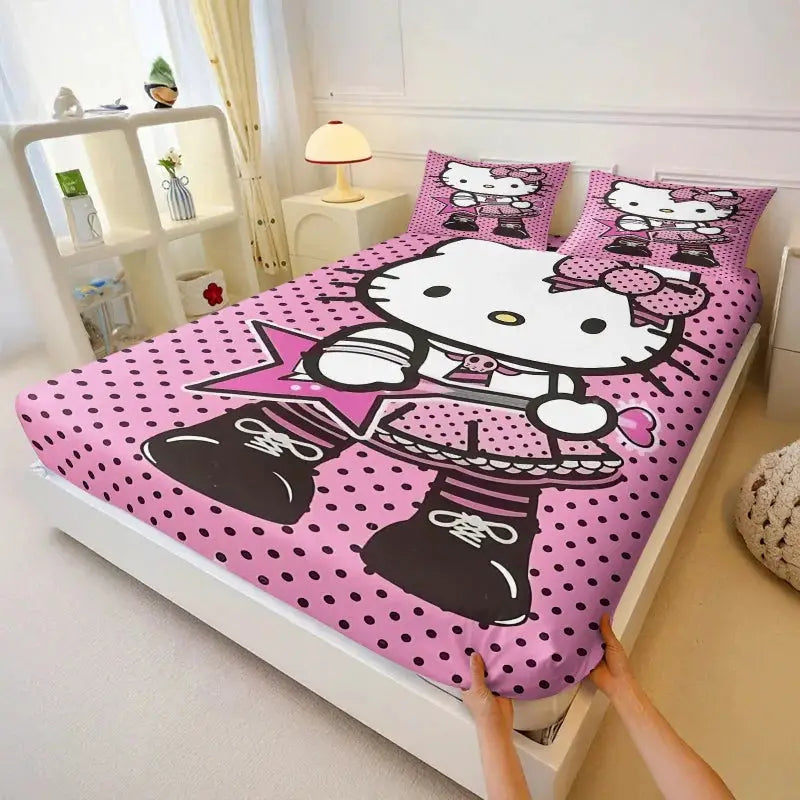 3Pcs Hello Kitty Fitted Sheet Set Purple Glitter Print with Pillowcases Cute Cartoon Fitted Sheet Set for Girls Bedroom Decor from PriceLows™