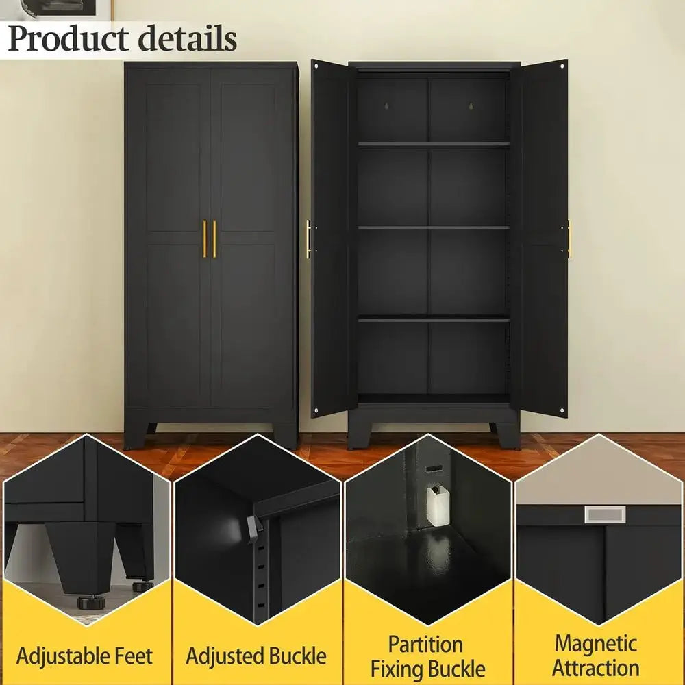 Black Metal Storage Cabinet, 61" Steel Cabinets for Home Office, Kitchen Pantry Storage Cabinet with Doors and 3 Adjustable Shelves, Metal Tool Cabinet, for Office, Home, Garage, School from PriceLows™