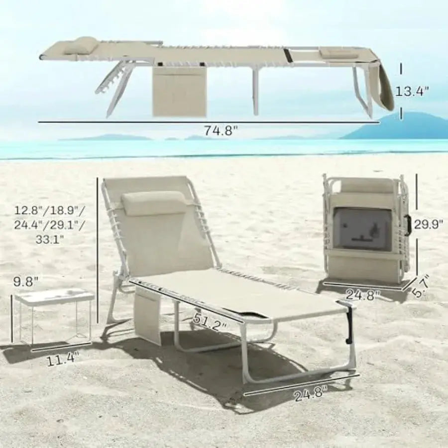 Outdoor tanning chair with face hole and side table, beige breathable mesh, 5-position reclining folding chaise lounge for beac from PriceLows™