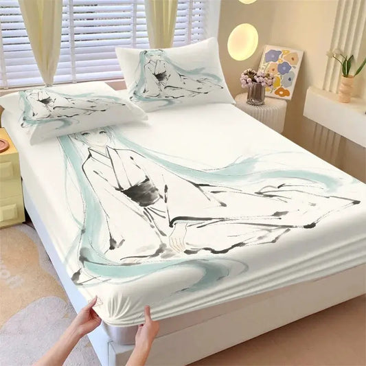 3Pcs Hatsune Miku Japanese Ink Wash Fitted Sheet Set Zen Style Anime Bed Cover with Pillowcases Teens Room Fans Room Decor Gift from PriceLows™