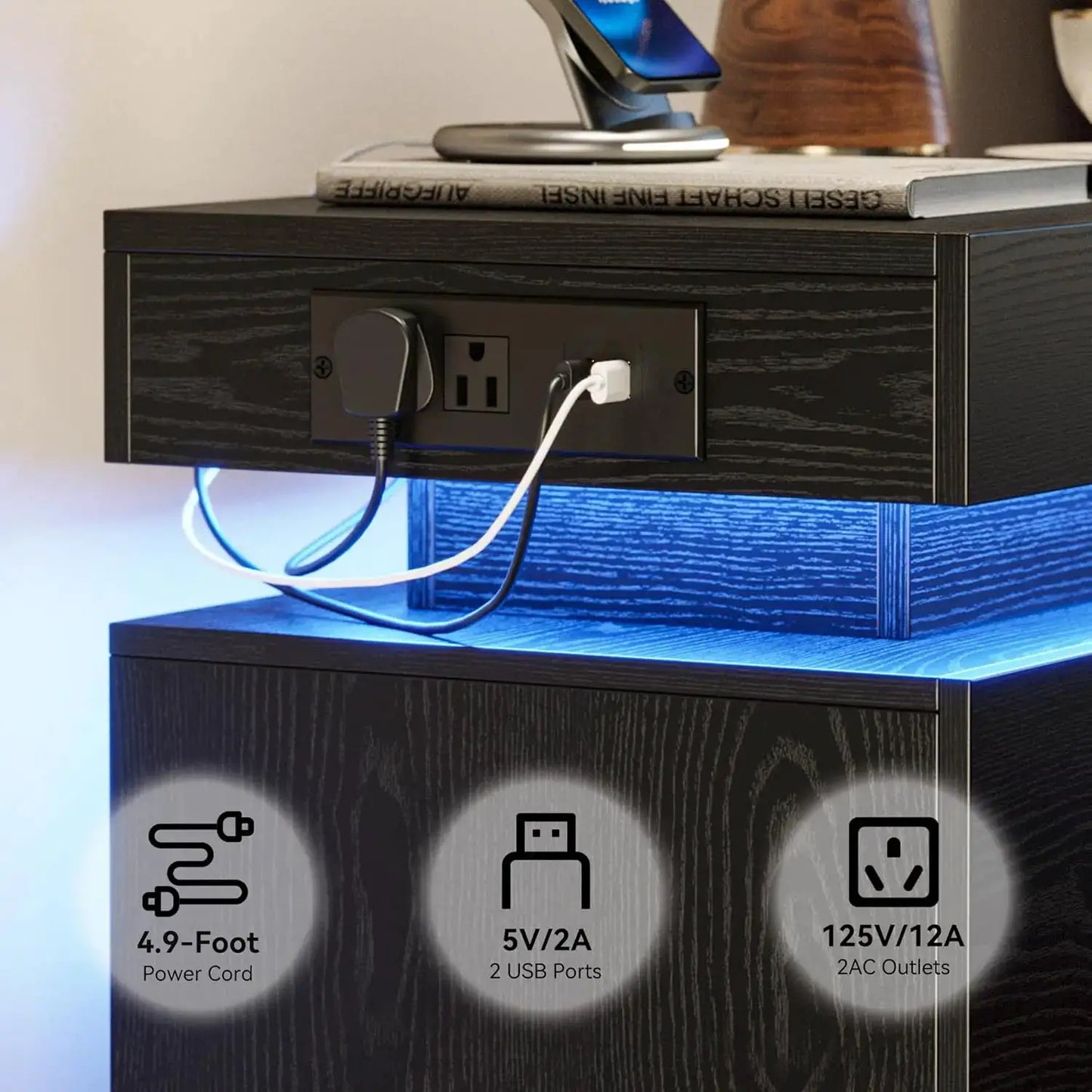 Modern Nightstand Set of 2 with Charging Station & LED Light, Bedside Tables for Bedroom from PriceLows™