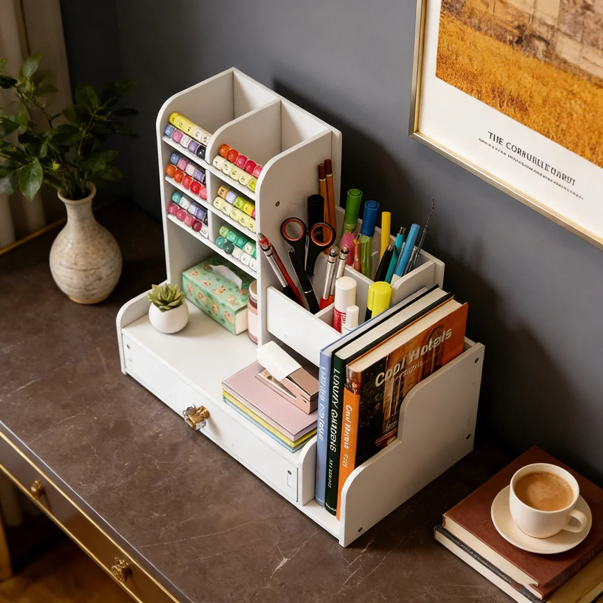 Desk Organizer | Wood Grain Finish | With Drawer | Multi Grid Caddy