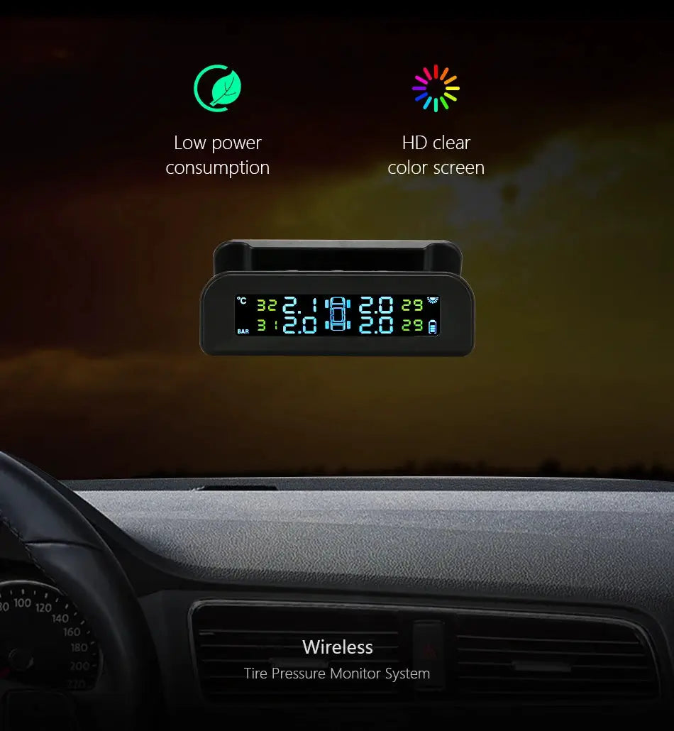 Smart car TPMS tire pressure monitoring system solar digital clock LCD display car tire pressure temperature safety alarm system from PriceLows™