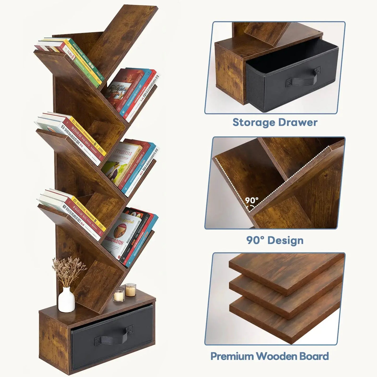 7 Tier Tree Bookshelf With Storage Drawer Floor Standing Bookcase For Books CDs Movies Brown from PriceLows™