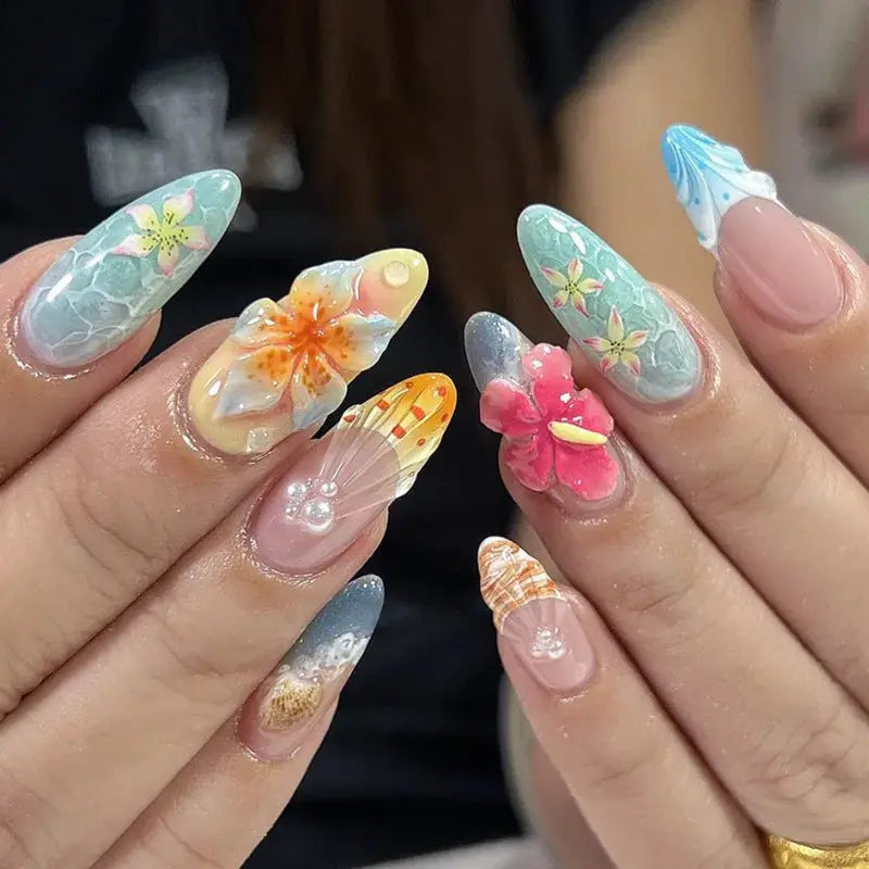 Almond Press On Nails | Acrylic Finish | Pearl Flower Design | 24 Piece Set