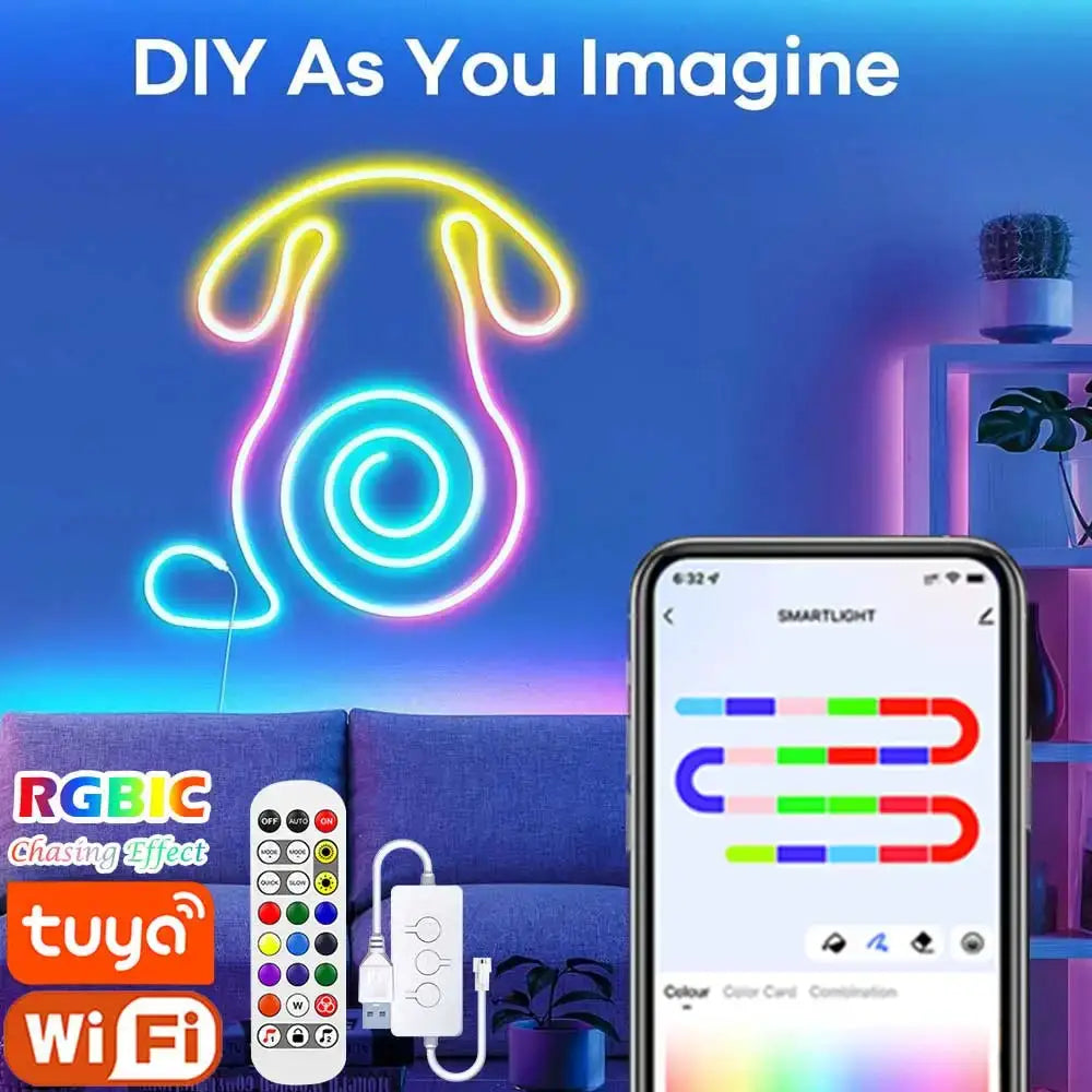 TUYA Neon LED Strip Lights 5V 72LEDs/M Silicone Neon Rope Light with Music Sync RGBIC Dreamcolor Chasing Strip Tape for Room from PriceLows™
