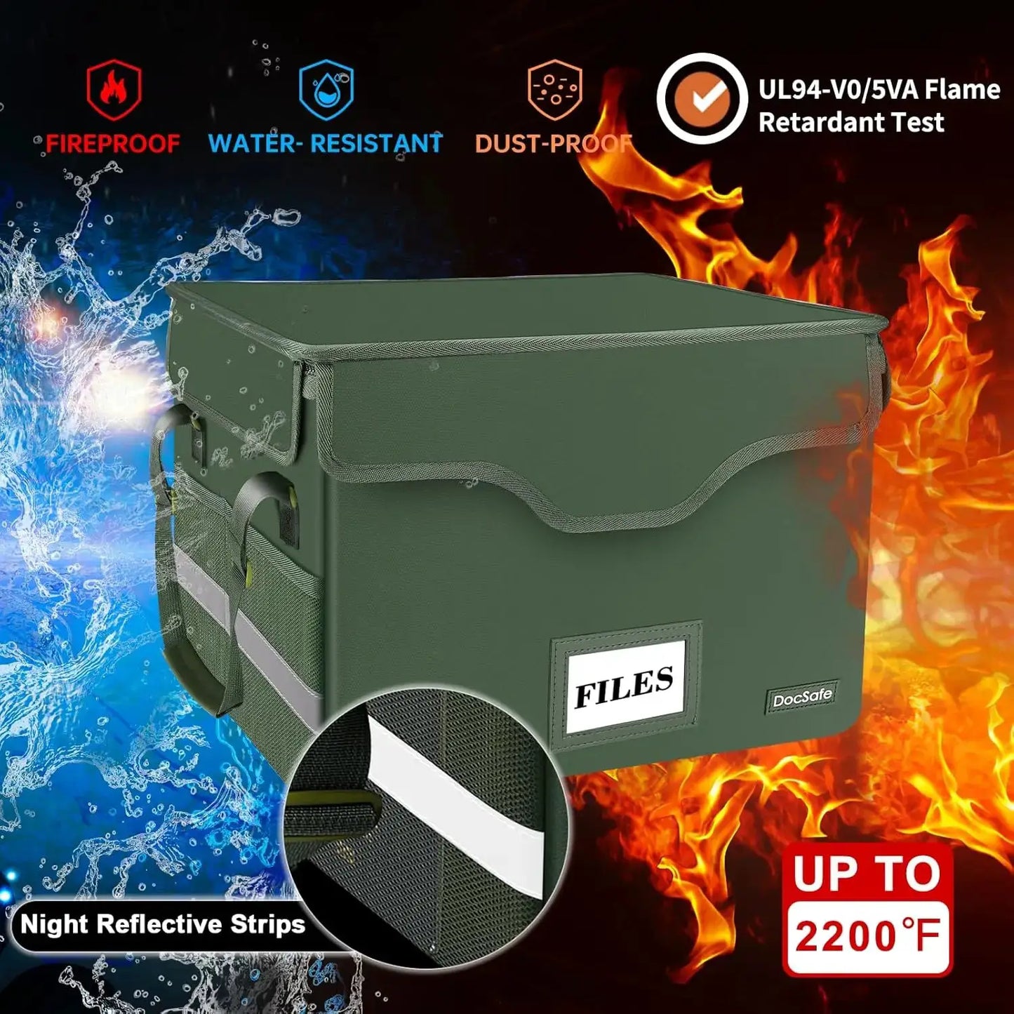 Fireproof Document Box with Lock, Portable File Storage, Collapsible, Holds Letter/Legal, Green, 2-Pack from PriceLows™