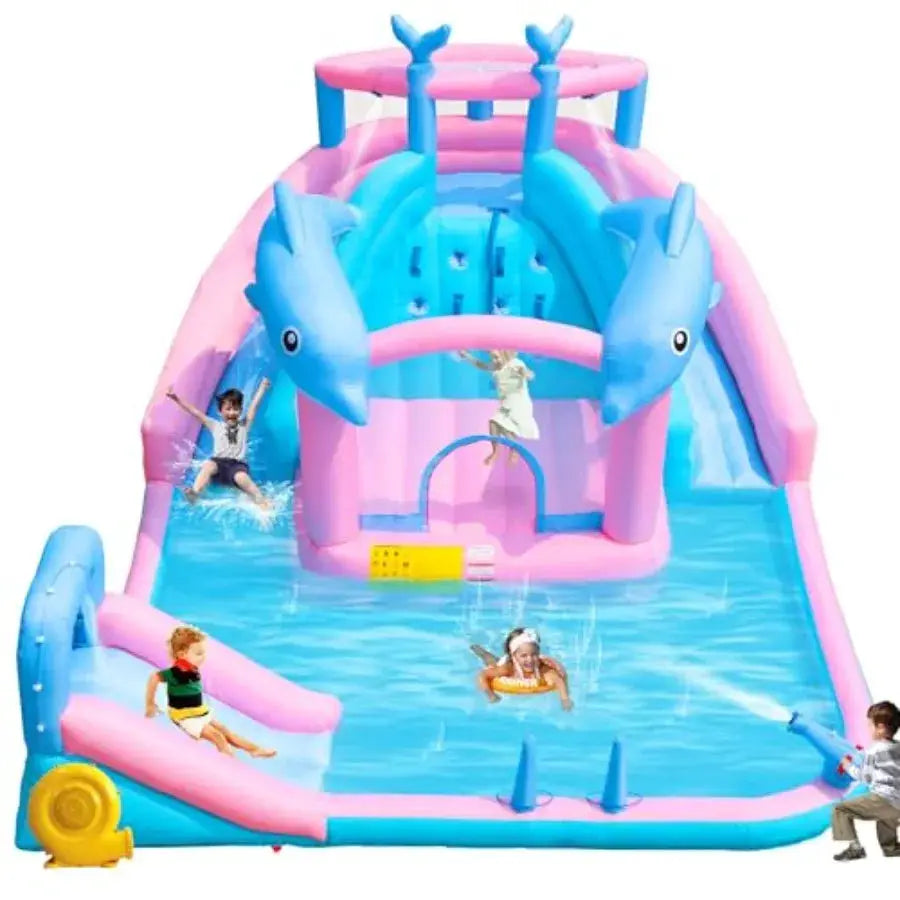 Inflatable Water Slide Dolphin Bounce House for 3-12 Blue Water Park with Blower Splash Pool Climbing Wall Water Cannon Bouncy from PriceLows™