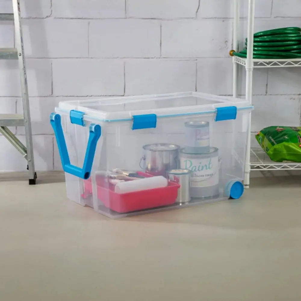 Large Wheeled Gasket Storage Box with Stackable Design, Latching Lid, Handle, Tight Seal, Clear Base and Lid, Single Pack from PriceLows™