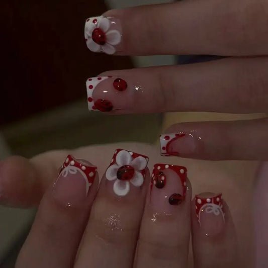 24 pieces per set. Rectangular 3D gel flower polka dot ladybug red French nail art stickers. Summer nail set. from PriceLows™