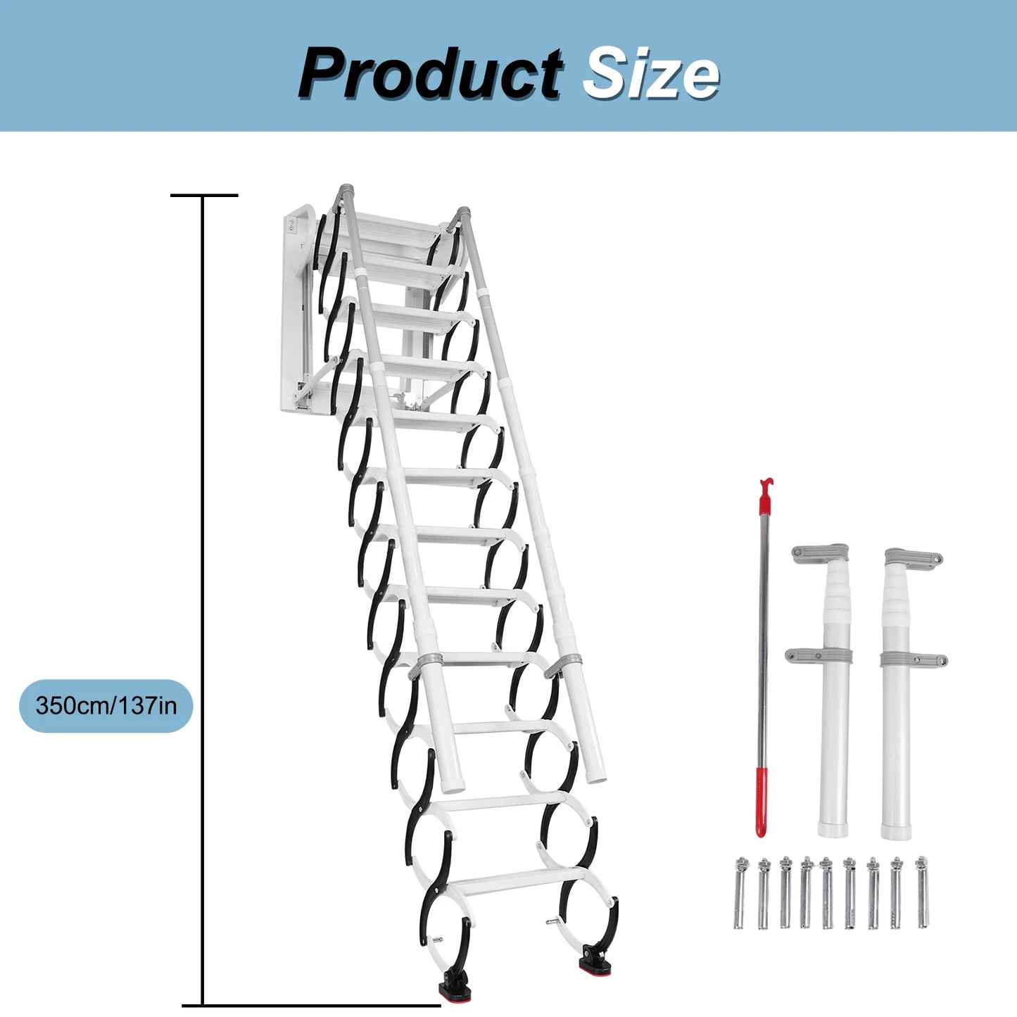 11 Steps Wall-Mounted Folding Steel Attic Ladder with 2Handrails Telescopic Attic Ladder Retractable Loft Ladder for Home Indoor from PriceLows™
