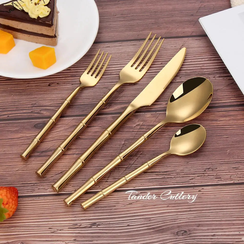 6/24/30Pcs Stainless Steel 304 Tableware Gold Cutlery Set Western Bamboo Shaped Handle Knife Fork Spoon Mirror Dinner Set from PriceLows™