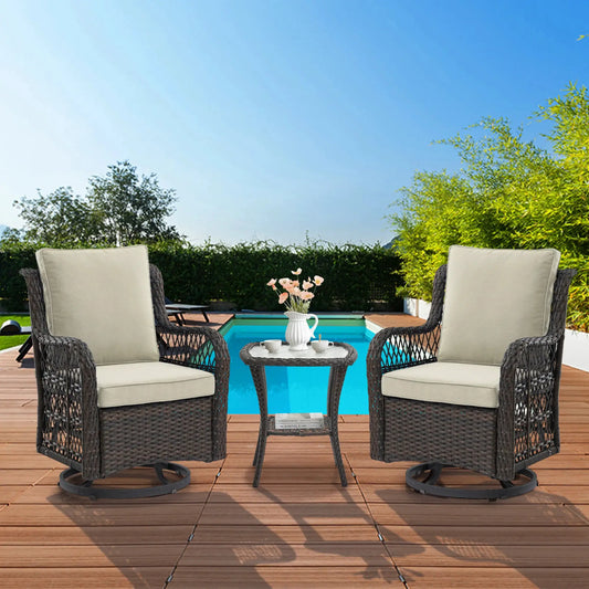 3 Pieces Outdoor Wicker Swivel Chair Set, Swivel Rocking Chairs Set of 2 with Rattan Side Table, 360-Degree Swivel Rocking Chair from PriceLows™