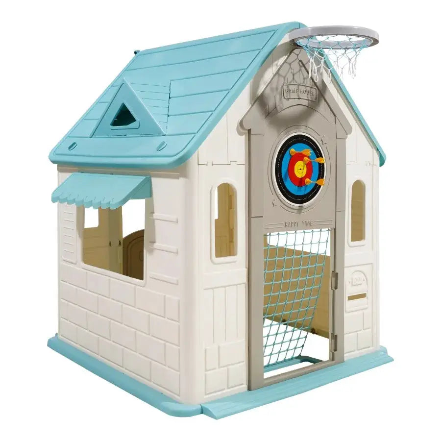 Outdoor Playhouse 5-In-1 Cottage Play House with Pretend Play Basketball Darts Soccer Ring Toss Window Convenient Door Toddler from PriceLows™