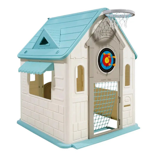 Outdoor Playhouse 5-In-1 Cottage Play House with Pretend Play Basketball Darts Soccer Ring Toss Window Convenient Door Toddler from PriceLows™