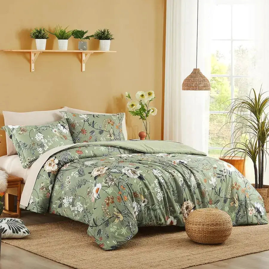 King Size Comforter Set 7 Pieces Green Floral Bedding Sets, King Bed in a Bag with Botanical Butterfly Comforter, Sheets, Pillow from PriceLows™