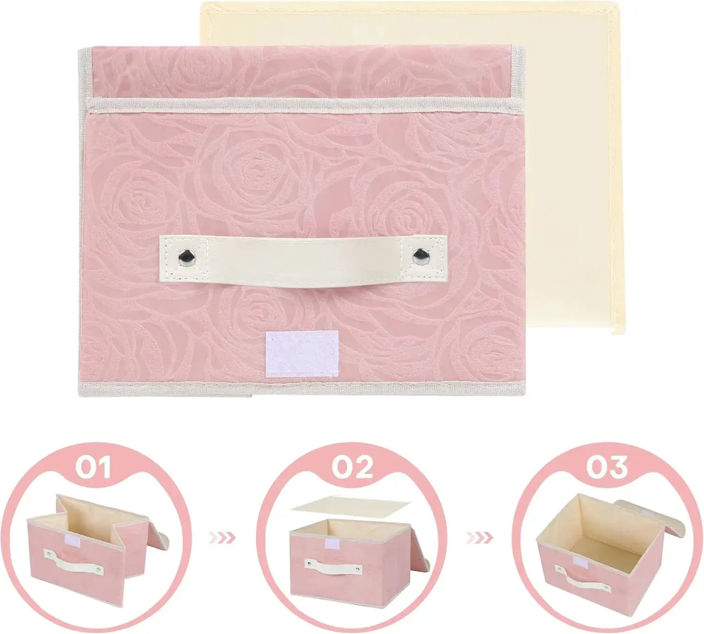 Fabric Storage Bin with Lid Rose Print Storage Box Basket with PU Leather Handles Washable PP Plastic Board Decorative Foldable Lidded Shelf Cubes Closet Organizer Container - Pink, Small Size from PriceLows™